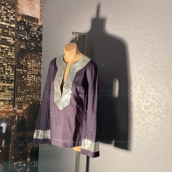 TORY BURCH - l/s dark blue tunic: silver sequins on neck & cuffs, hip slits - 8 - Picture 5 of 16